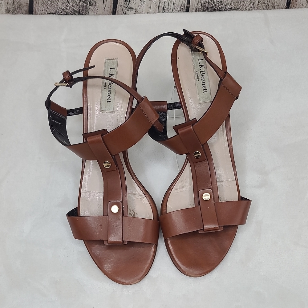 L.K Bennett Kami Italian Leather Upper T-Strap Open Toe Block Heel Sandal Brown
